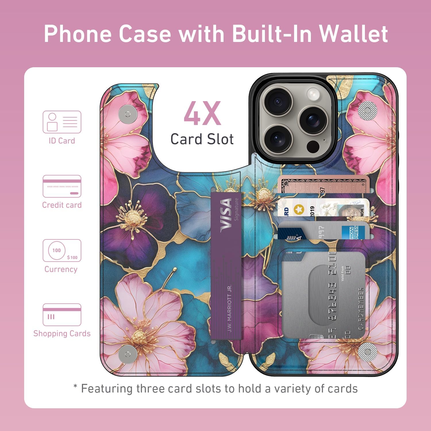 FUNMIKO for iPhone 15 Pro Max Wallet Case with Card Holder + Cash Clip, RFID-Blocking, Military-Grade Drop Protection & UV-Printed Artwork, Magnetic Closure with Kickstand - Vibrant Flower Pattern - Image 2