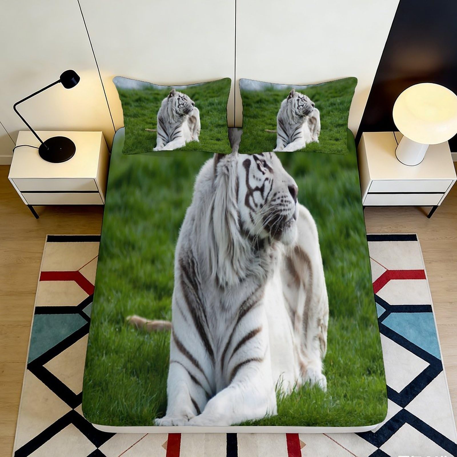 Kzqjxnhpcr Style-8 3D Printed White Tiger Fitted Sheet Microfiber Bedroom Deep Pocket Non-Slip White Tiger Mattress Fitted Cover Washable For Adults Teens 90X200x25cm 90X200x25cm