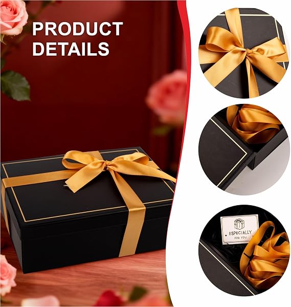 Luxury Black Gift Box with Lid 25x18x9cm Medium/Large Empty Gift Boxes for Presents, Gift Box for Birthday Christmas Wedding Bridal Valentines Day Present Box with Ribbon Her Women Men