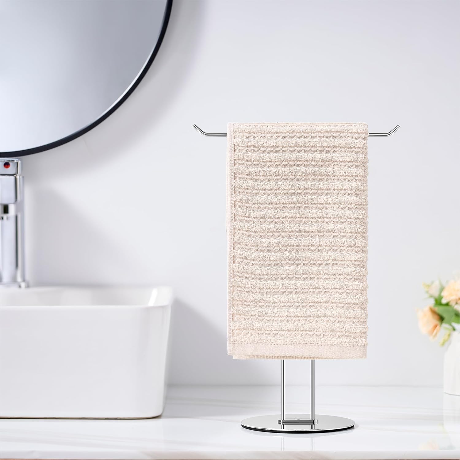 Bhuimi LIfesttye T-Shaped Hand Towel Holder Stand – Countertop Stainless Steel Towel Rack with Non-Slip Base for Bathroom, Kitchen, Vanity, Silver