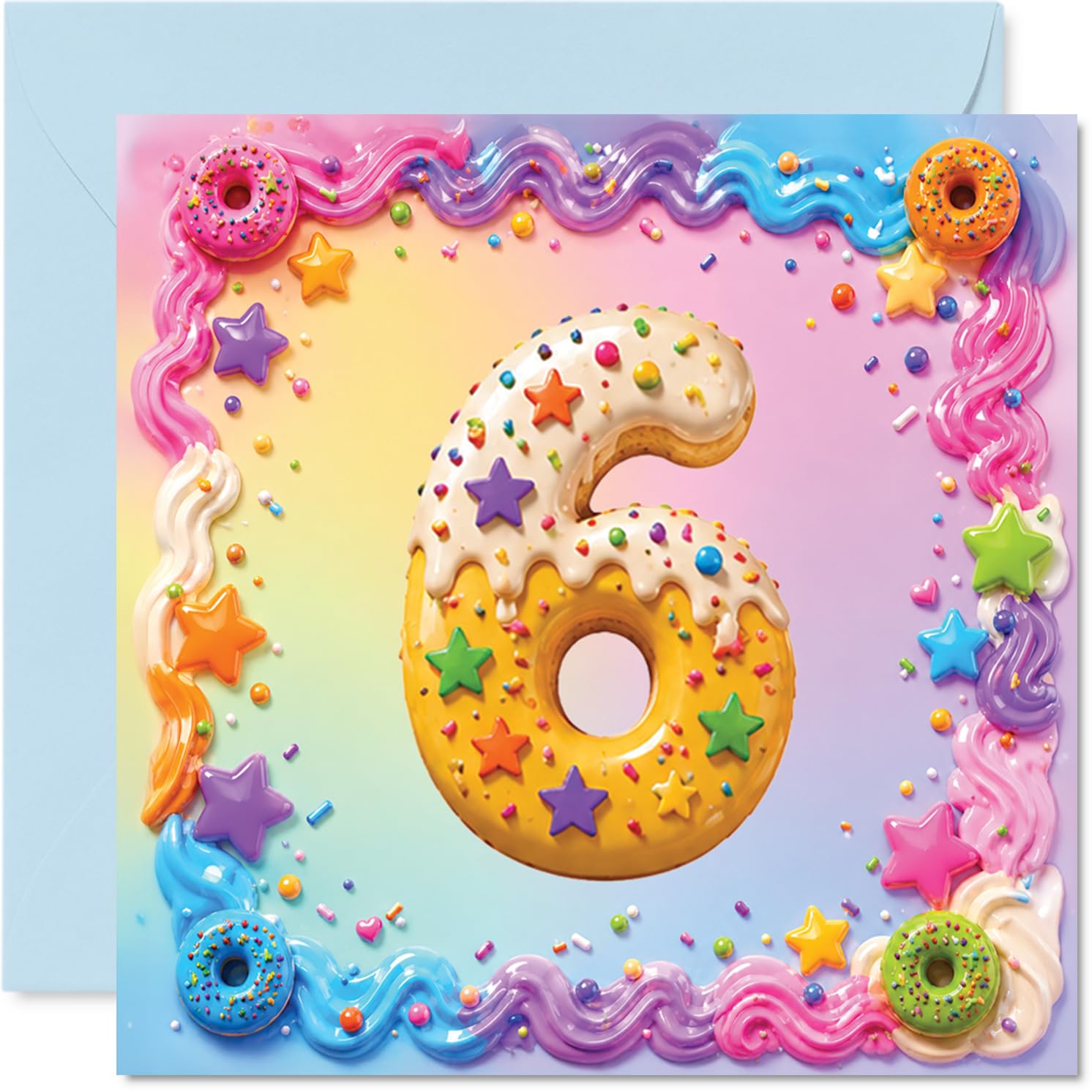 Playful 6th Birthday Card - Bursting with Birthday Fun - Donut-shaped Number 6 with Pastel Sprinkles and Stars - Perfect for Little Sweet Tooths - 145mm Square, Envelope Included
