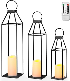 Perfnique Set of 3 Black Metal Lanterns w/ Waterproof Flickering Flameless Candle & Remote Timer, Modern Farmhouse Lanterns Decorative for Outdoor, Front Porch, Indoor, Patio, Garden, Fireplace