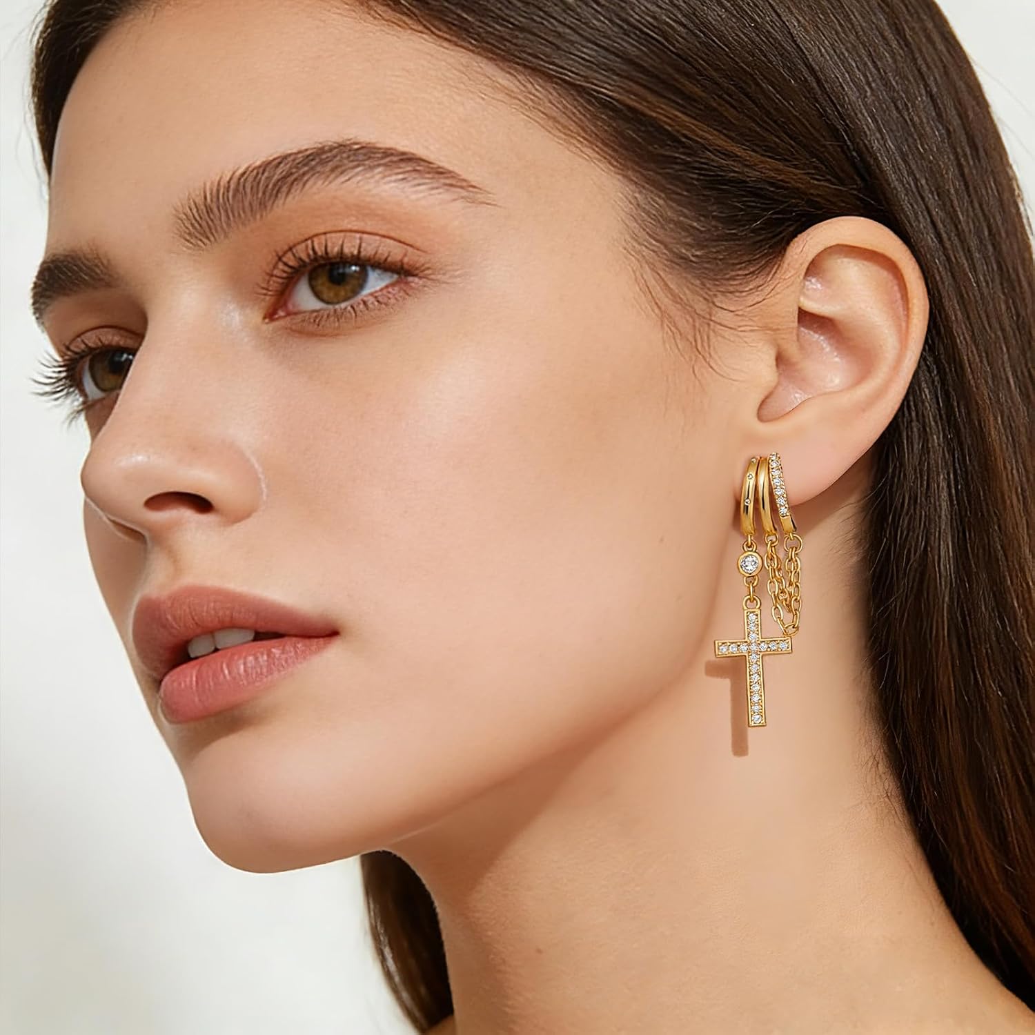 Clip on Dangle Earrings for Women Triple Huggie Hoop Clips 14k Gold Plated Cute Drop Statement Chain Earring Lightweight Non-Pierced Jewelry Gifts - Image 2