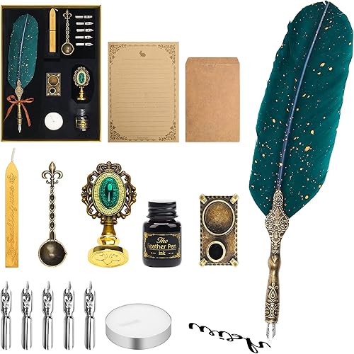 Miniatura 1 de Anglekai Juego de bolígrafo y tinta, pluma de caligrafía con sello de cera, tinta y barras de sello de cera, puntas de repuesto, cuchara, papel de