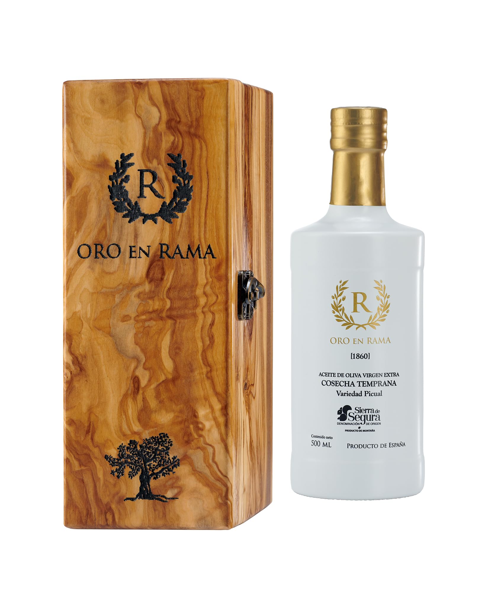 ORO EN RAMA | Aceite de Oliva Virgen Extra Picual de Jaén NUEVA COSECHA 25/26 + Caja de Madera de Olivo Artesanal para Regalo | Premio Mejor AOVE Verde de Cosecha Temprana | DOP Sierra de Segura