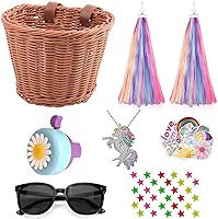 Vista 13 de Cesta de bicicleta para manillar para niñas con collar de unicornio, campana, serpentinas, cuentas de rueda, lentes de sol, calcomanías, juego
