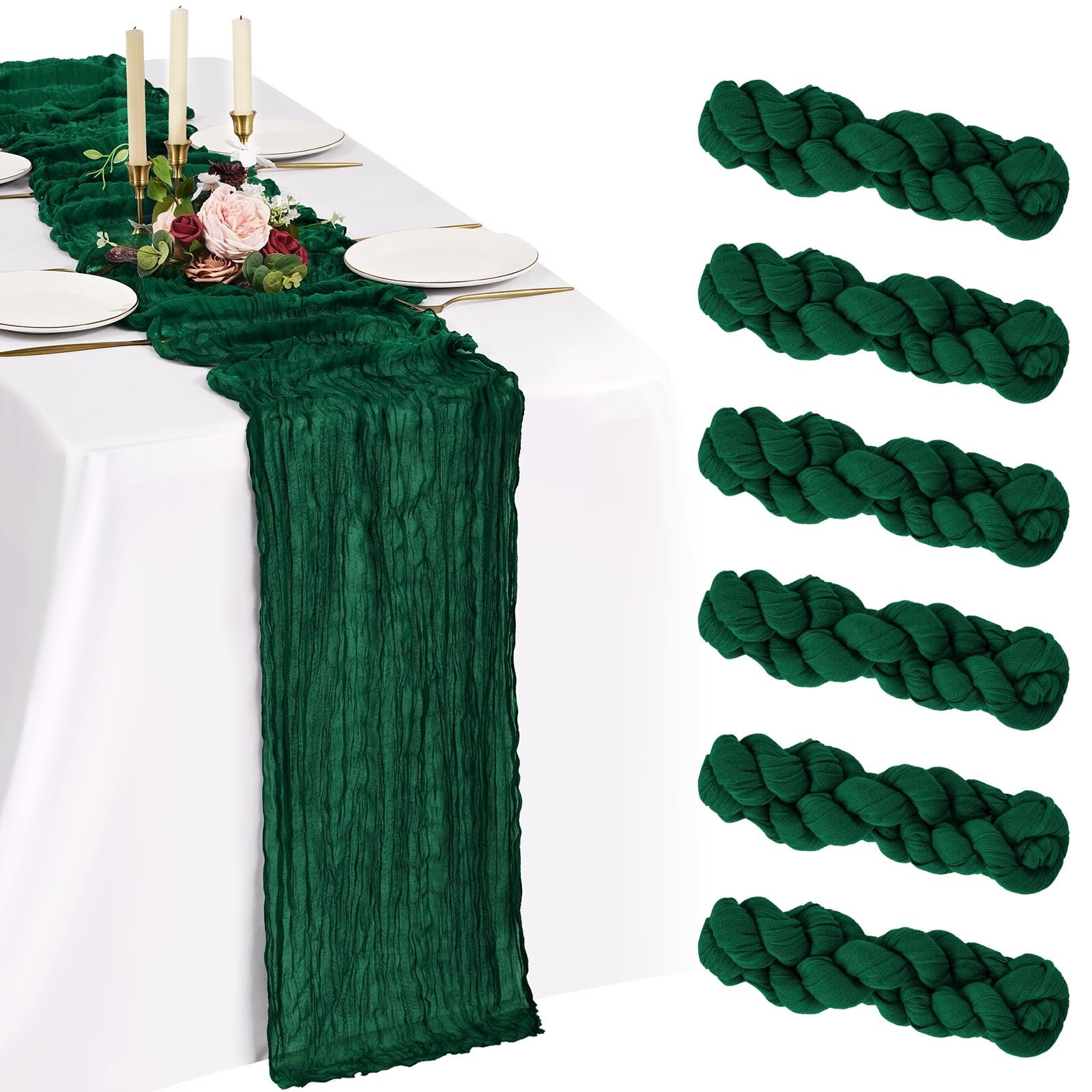 Showgeous 6 Pack Emerald Green Cheesecloth Table Runner 10FT Boho Gauze Cheese Cloth Table Runners Romantic Rustic Sheer Table Decorations for Wedding Party Baby Shower Birthday Holiday Home