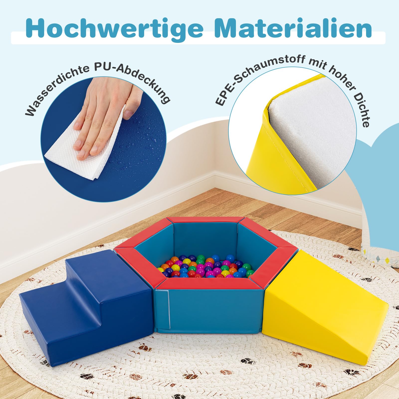 DREAMADE Bällebad Baby, 3 TLG. Softbausteine Set mit 100 bunten Bällen, Indoor Kletterblöcke mit Kunstlederbezug & Klettverschlüssen, Spielplatz aus Schaumstoff für Kinder ab 1 Jahr