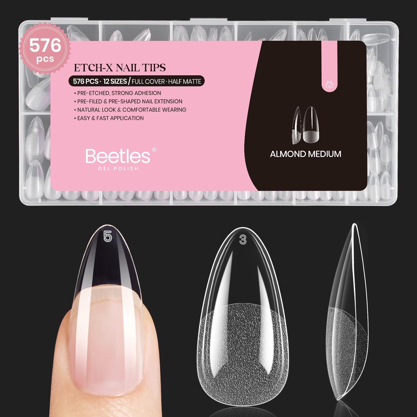 Beetles Medium Almond Nail Tips 576pcs 12 Sizes Pre-Etched Soft Gel Nail Tips Half Matte Full Cover Press