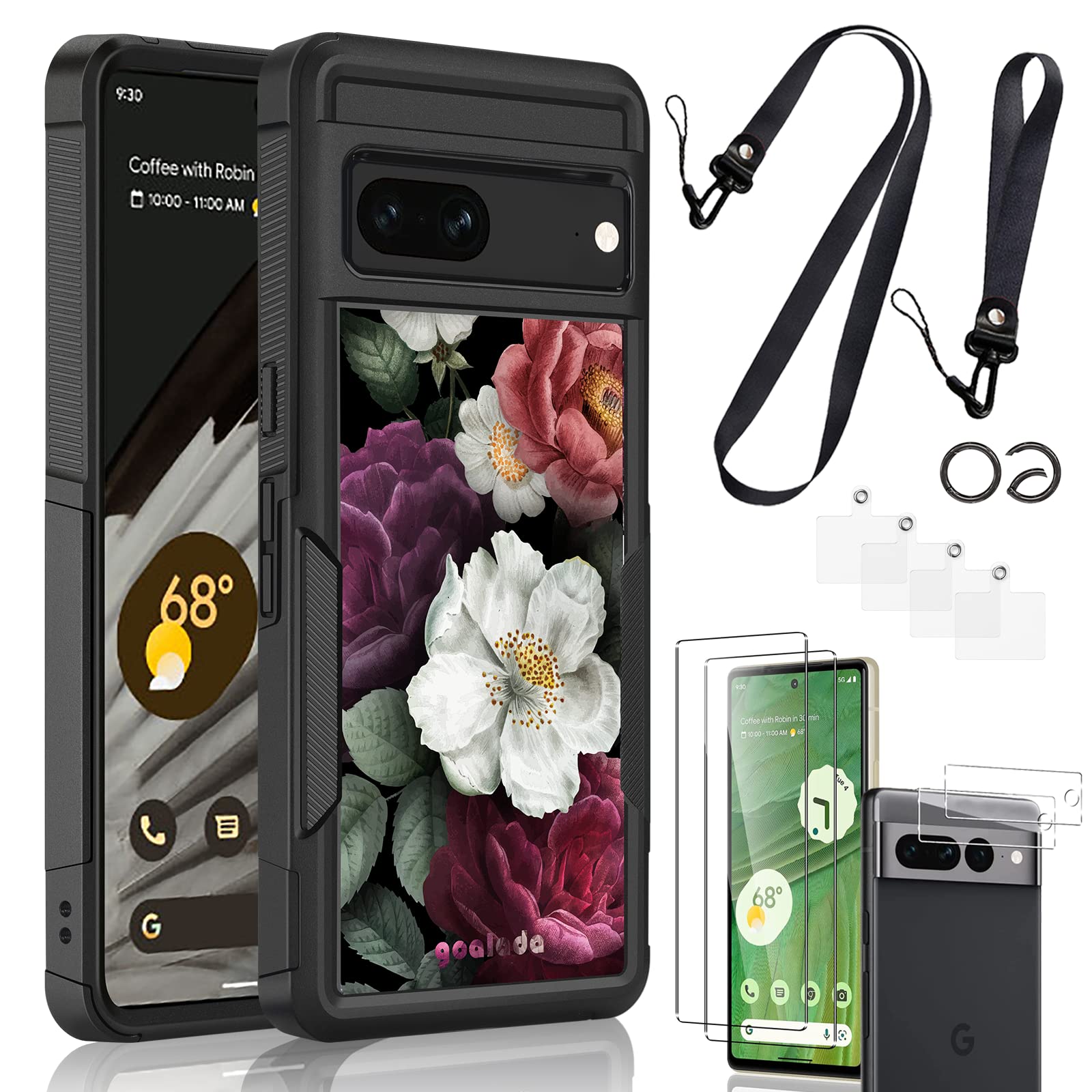 Goalada Compatible with Pixel 7 Case | Floral Design Print Blush Pink Roses | Hybrid Shockproof Protective Slim Bumpers Phone Cases for Pixel 7 5G with Wrist Strap - Black-Blush Pink Rose case 1