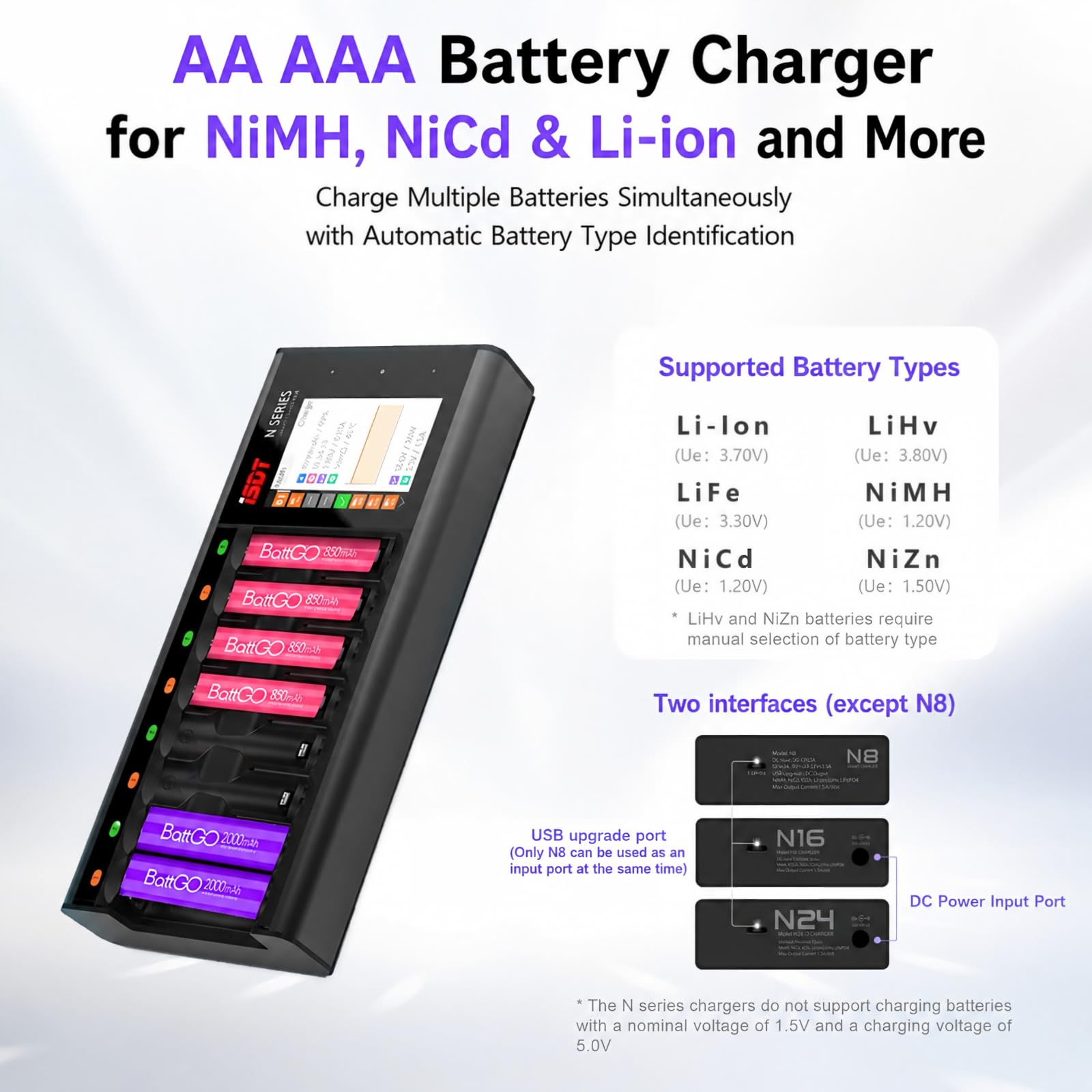 ISDT Cargador de batería rápido N8 de 8 bahías AA AAA con analizador de descarga LCD para baterías recargables Nimh Nizn Nicd, probador de cargador de batería Smart Mini Z, cargador de batería USB-C