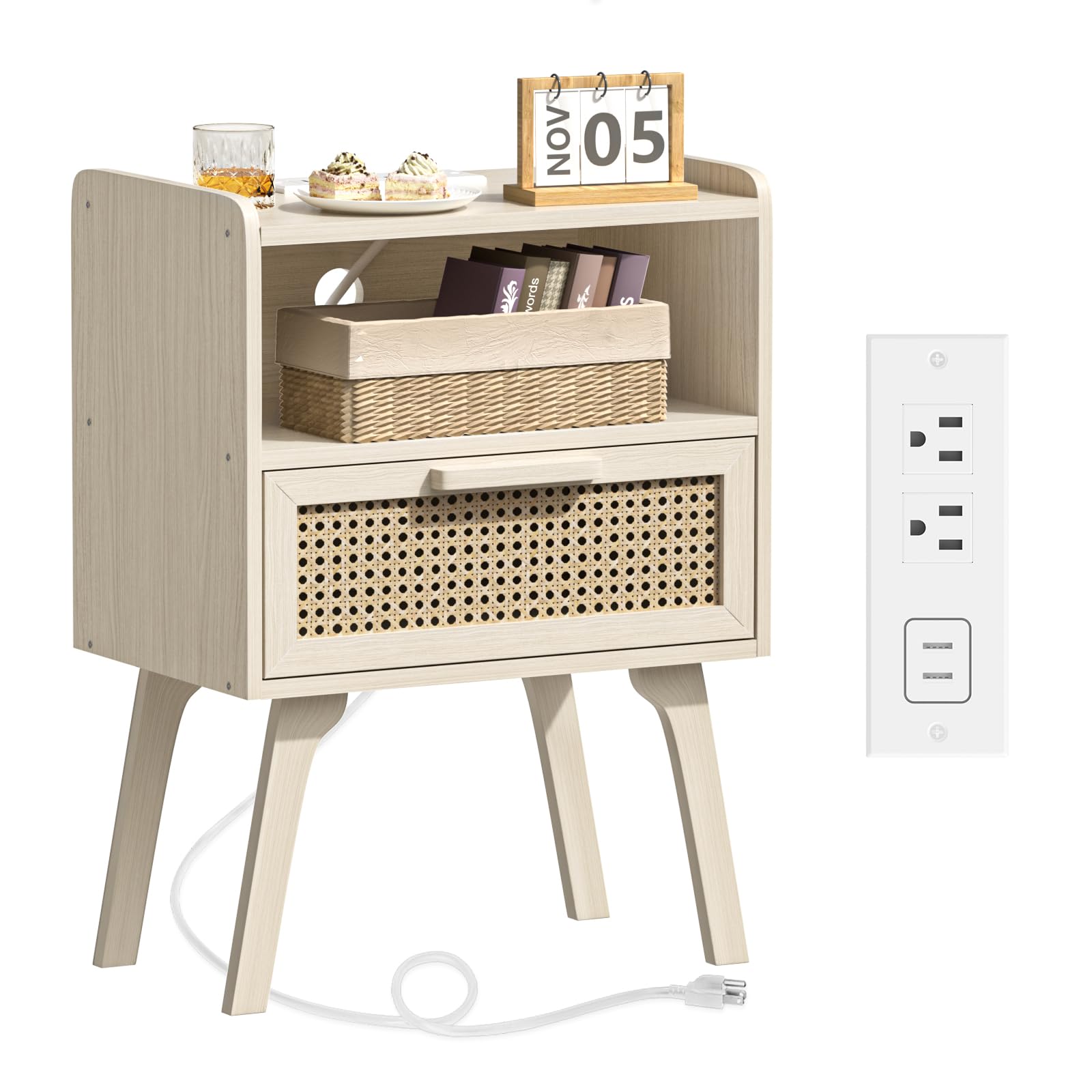 Lerliuo Rattan Nightstand with Charging Station, Grey Boho Side Table with Drawer Open Shelf, Cane Accent Bedside End Table with Solid Wood Legs for Bedroom, Dorm and Small Spaces