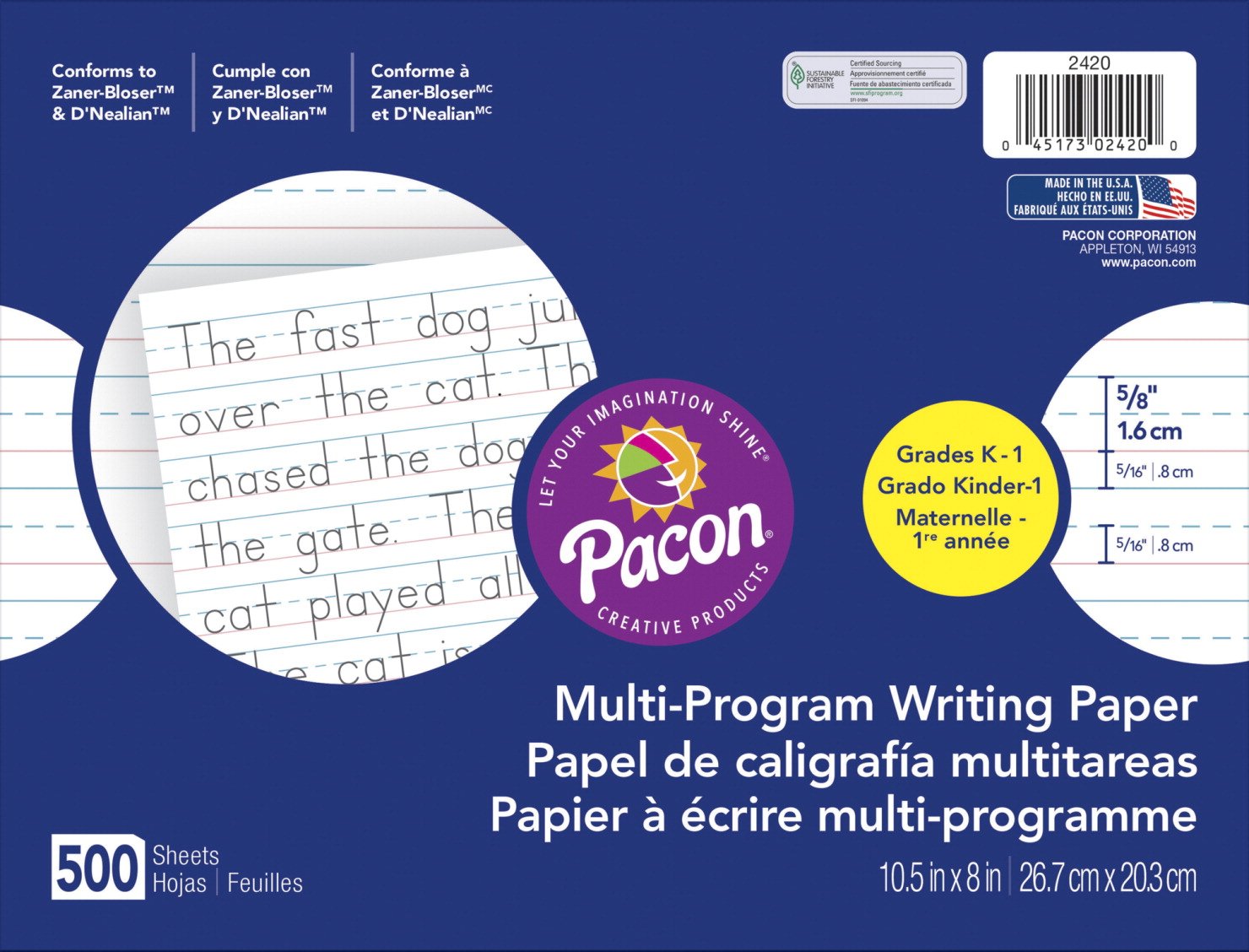 Pacon Multi-Program Handwriting Paper, 10-1/2 x 8 Inches, Pack of 500 - 2421, White