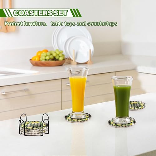 Miniatura 7 de Absorbant Coasters with Holder Set of 6 Coasters for Desk Cotton Coasters Posavasos para Mesa Lemon Sweet Home Black Buffalo Plaid