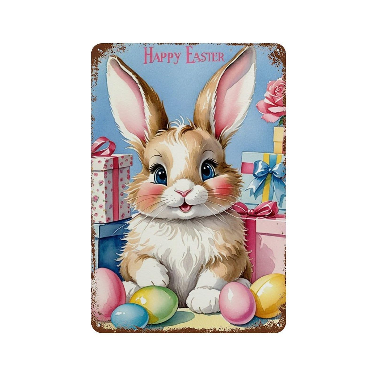 Weathered Tin Sign Happy Easter Bunny Gifts 11.8"x7.9", Rustic Home Decor for Basement, Hobby Room And Garage Decor