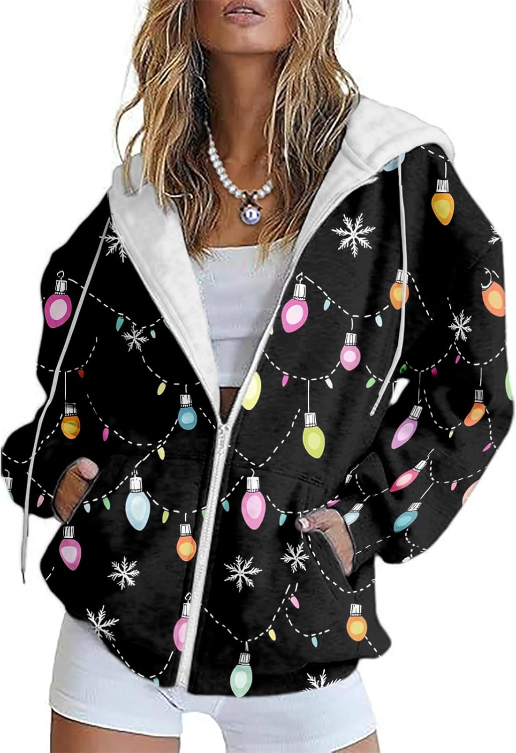 Womens Christmas Zip Up Trendy Hoodie Hooded Sweatshirt Comfy Casual Long Sleeve Outfits
