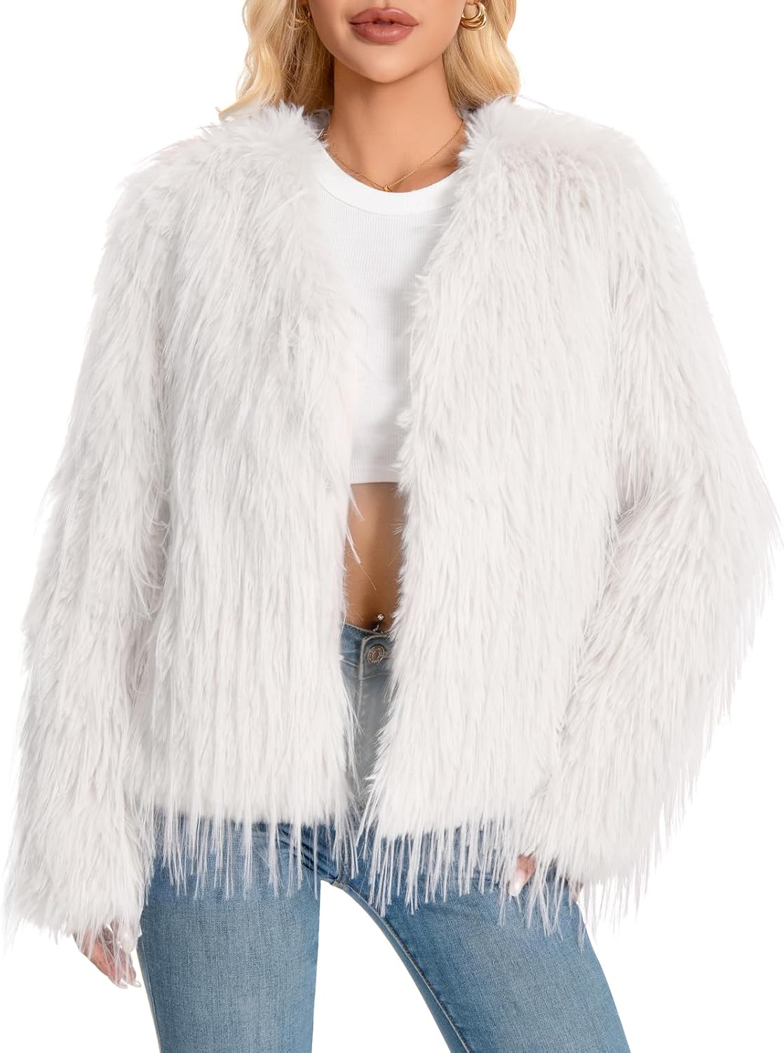 Fur Coats For Women, 2025 Plus Size Mongolian Faux Fuzzy Jacket Fluffy Long Sleeve Winter Coat with Pockets.