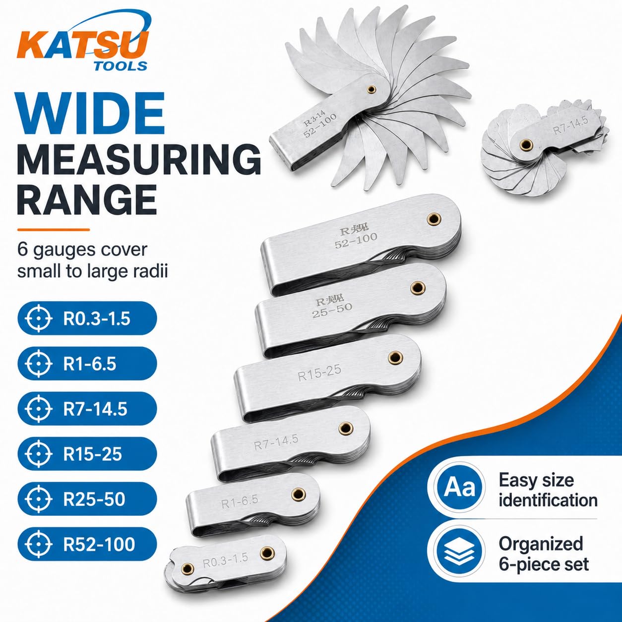 KATSU Radienlehre 6 Stück R0.3-1.5 / R1-6.5 / R7-14.5 / R15-25 / R25-50 / R52-100 Metall Radius Filetlehre Lehr Tragbares konkaves konvexes Messwerkzeug Ingenieure