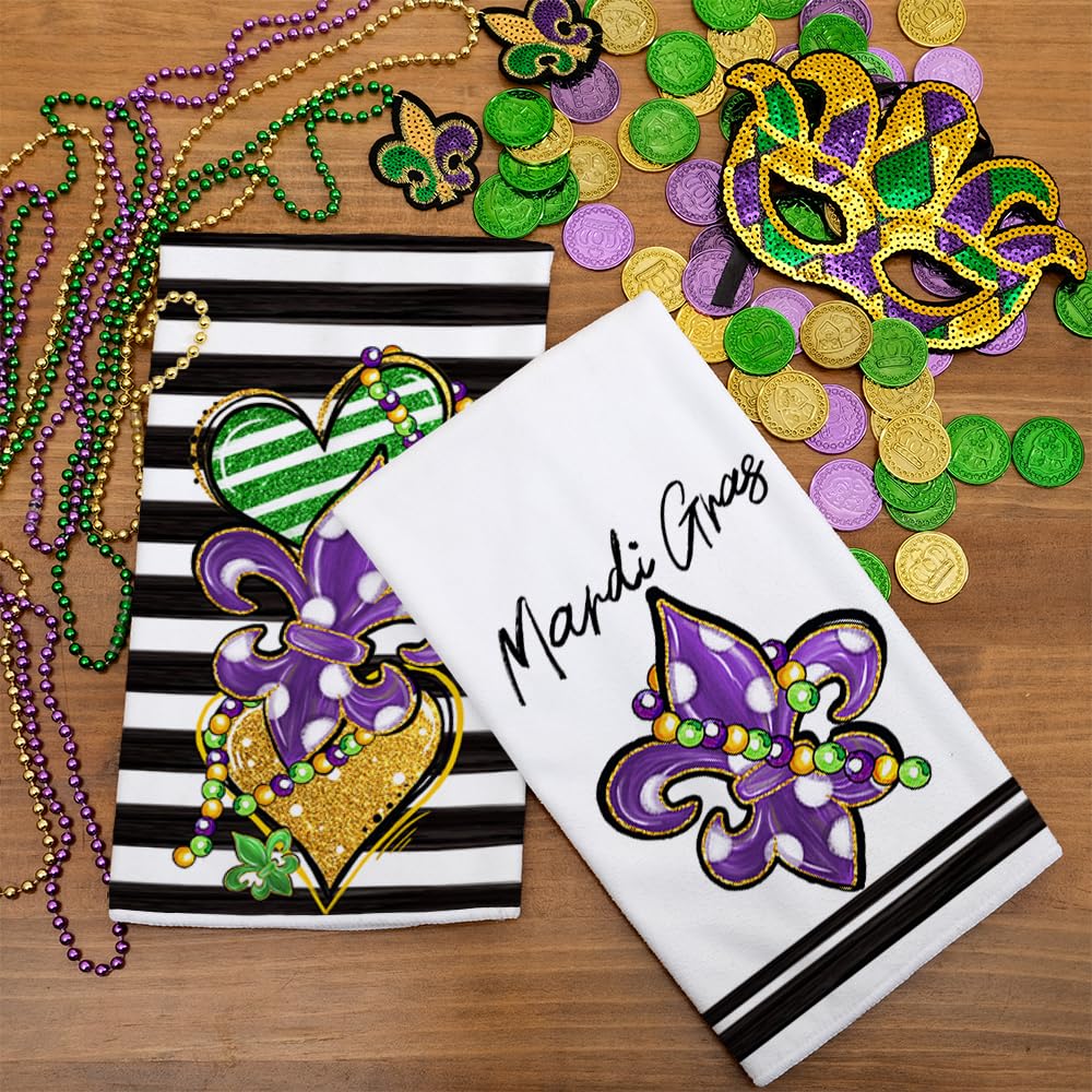 ARKENY Mardi Gras Kitchen Towels Set of 2,Purple Fleur De Lis White Polka dot Beads Dish Towels 18x26 Inch Drying Dishcloth,Farmhouse Home Mardi Gras Carnival Seasonal Holiday Decorations AD192