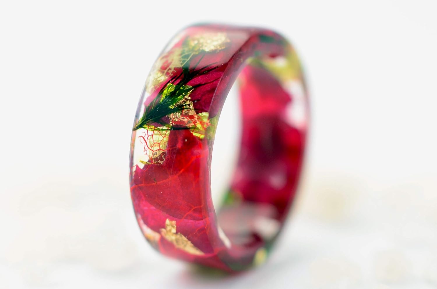 Nature Inspired Resin Ring with Pink Orchid, Moss, Red Skeletal Leaf. Engagement Ring for lovers.