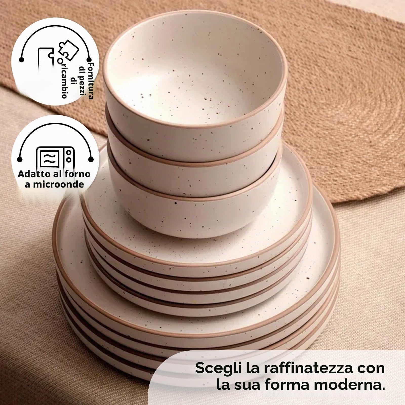 Karaca Chicago Dot - Servizio da tavola in gres porcellanato, 18 pezzi, per 6 persone, piatto, piatto, ciotola, beige