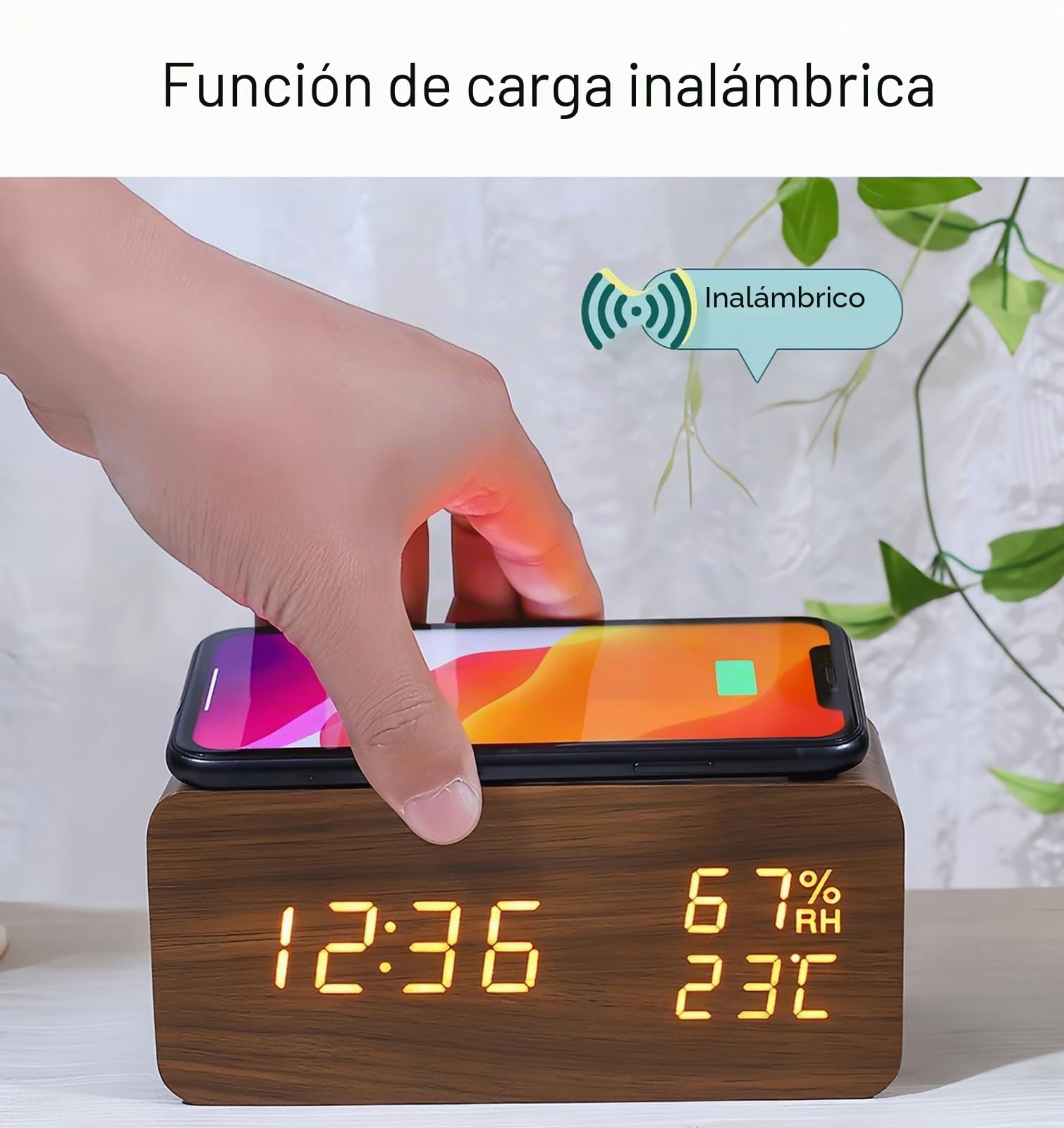 Reloj Despertador Digital con Carga Inalámbrica LED Pantalla de Temperatura y Humedad 3 Alarmas Brillo Ajustable Control de Sonido para Dormitorio Casa Oficina (Marrón)