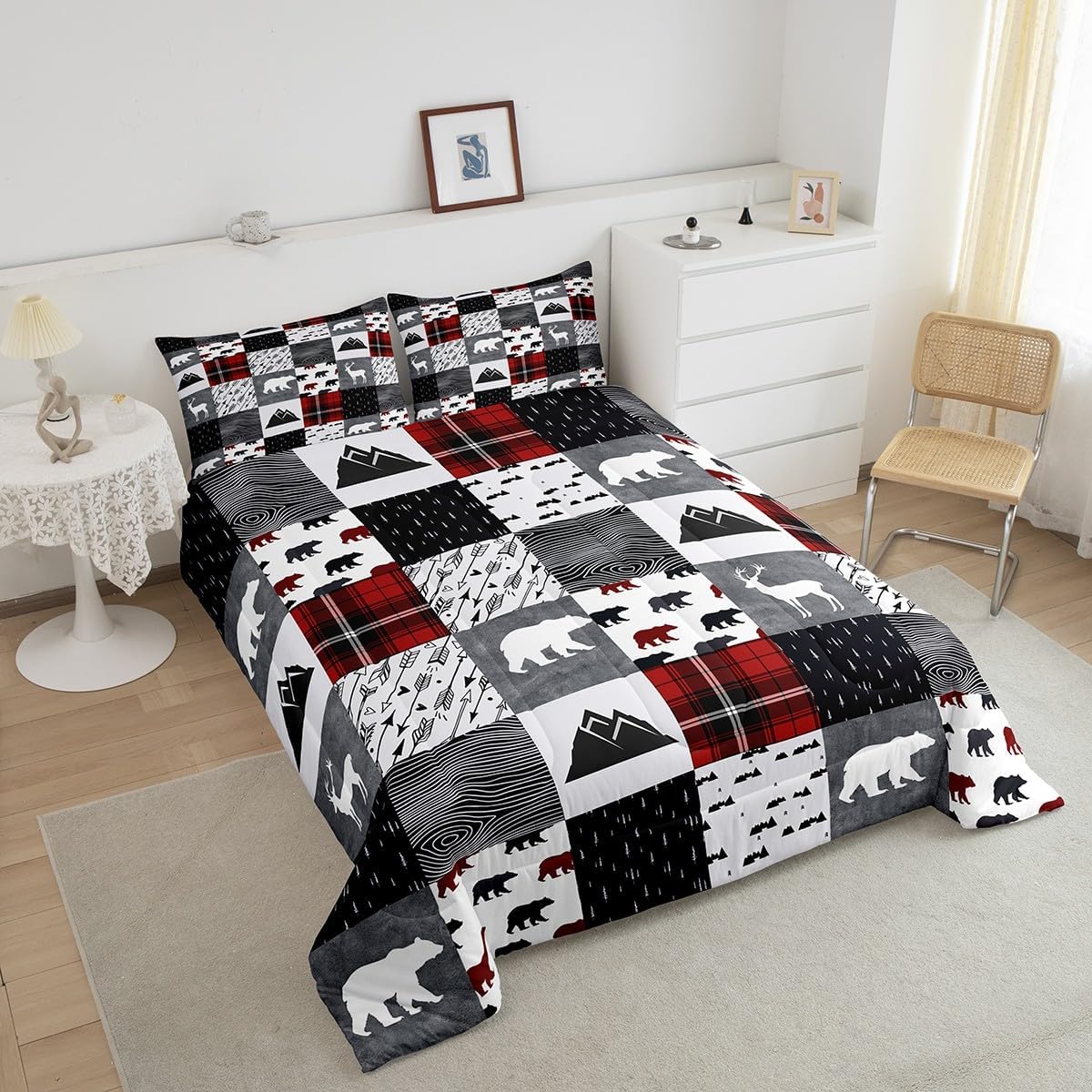 Castle Fairy Hunting Plaid Comforter Set Queen Size,Deer Antler Bear Wild Animals Arrow Rustic Bedding Set for Women Adult,Red Grid Farmhouse Style Luxury Bed Duvet Insert, 2 Pillowcases