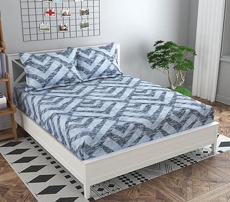 Dahlia Elastic Fitted Glace Cotton California King Size (84x75x Upto 8 Inches) Bedsheet with 2 Pillow Covers-200TC (V, Grey Color)