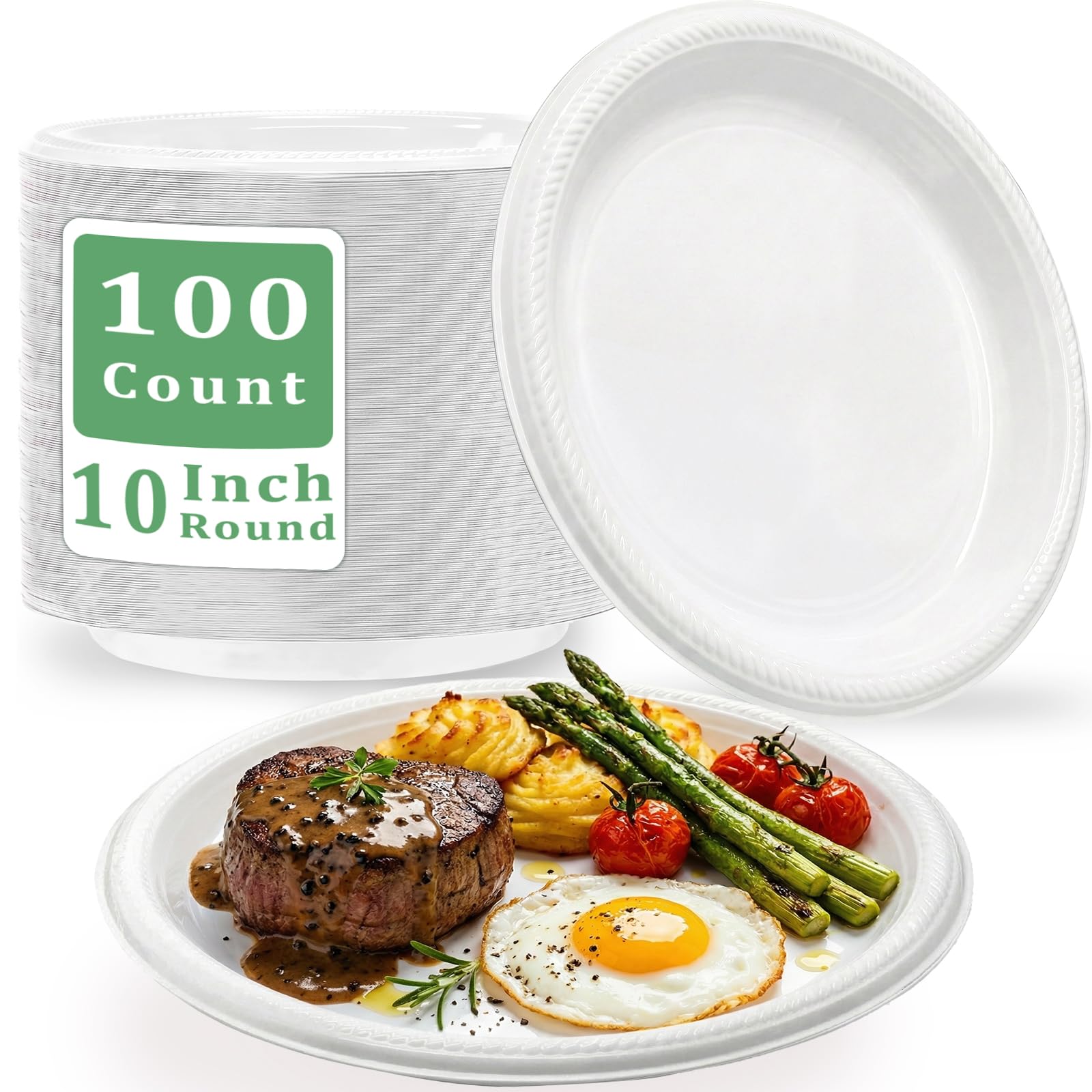 100 pcs 10 Inch White Plastic Plates, Disposable Plates for Thanksgiving