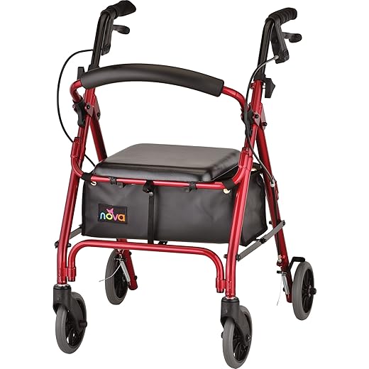 NOVA Medical Products GetGo Petite Narrow Rollator Walker (Petite & Narrow Size), Rolling Walker for Height 4’0” - 5”4”, Seat Height is 8.5”Color, Red, 1 Count (Pack of 1)