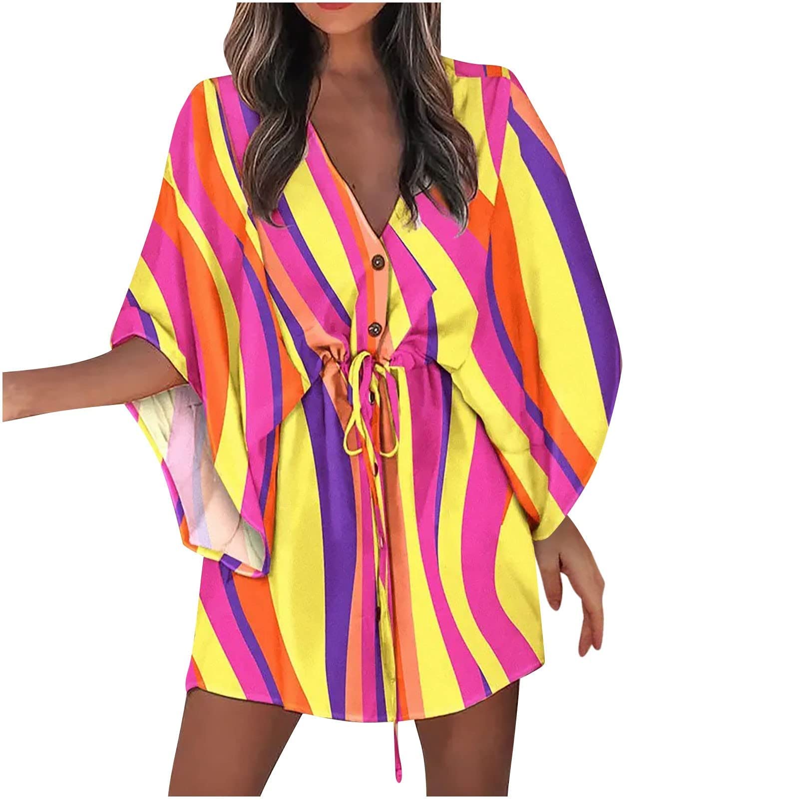 Women's Summer 3/4 Sleeve Black Loose Fit Dress V Neck Holiday Dress Boho Print Drawstring Sun Beach Dress