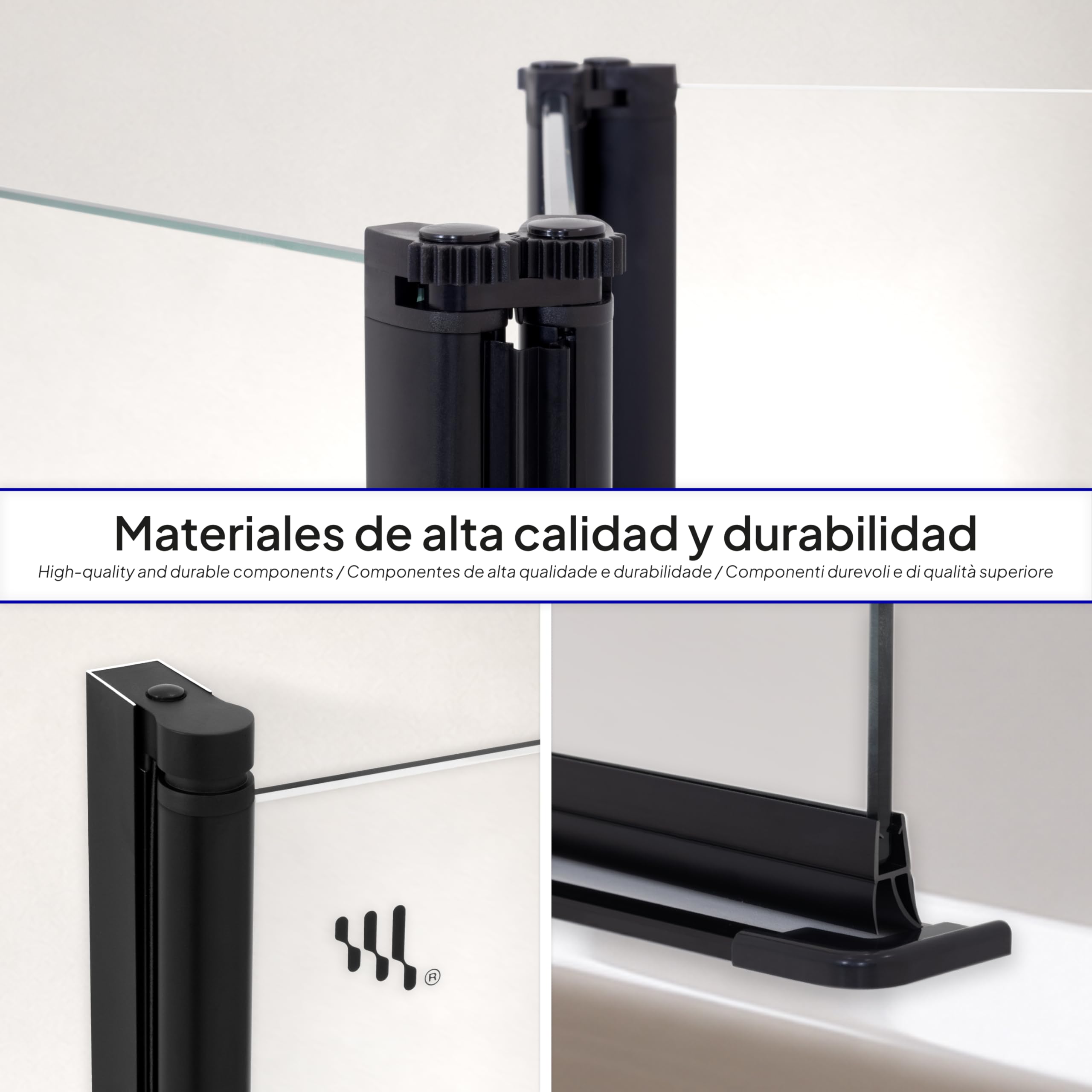 PETRA Mampara de ducha para bañera 100 x 140 cm, 3 paneles plegables, perfiles negro mate, cristal templado transparente 6 mm esg nano