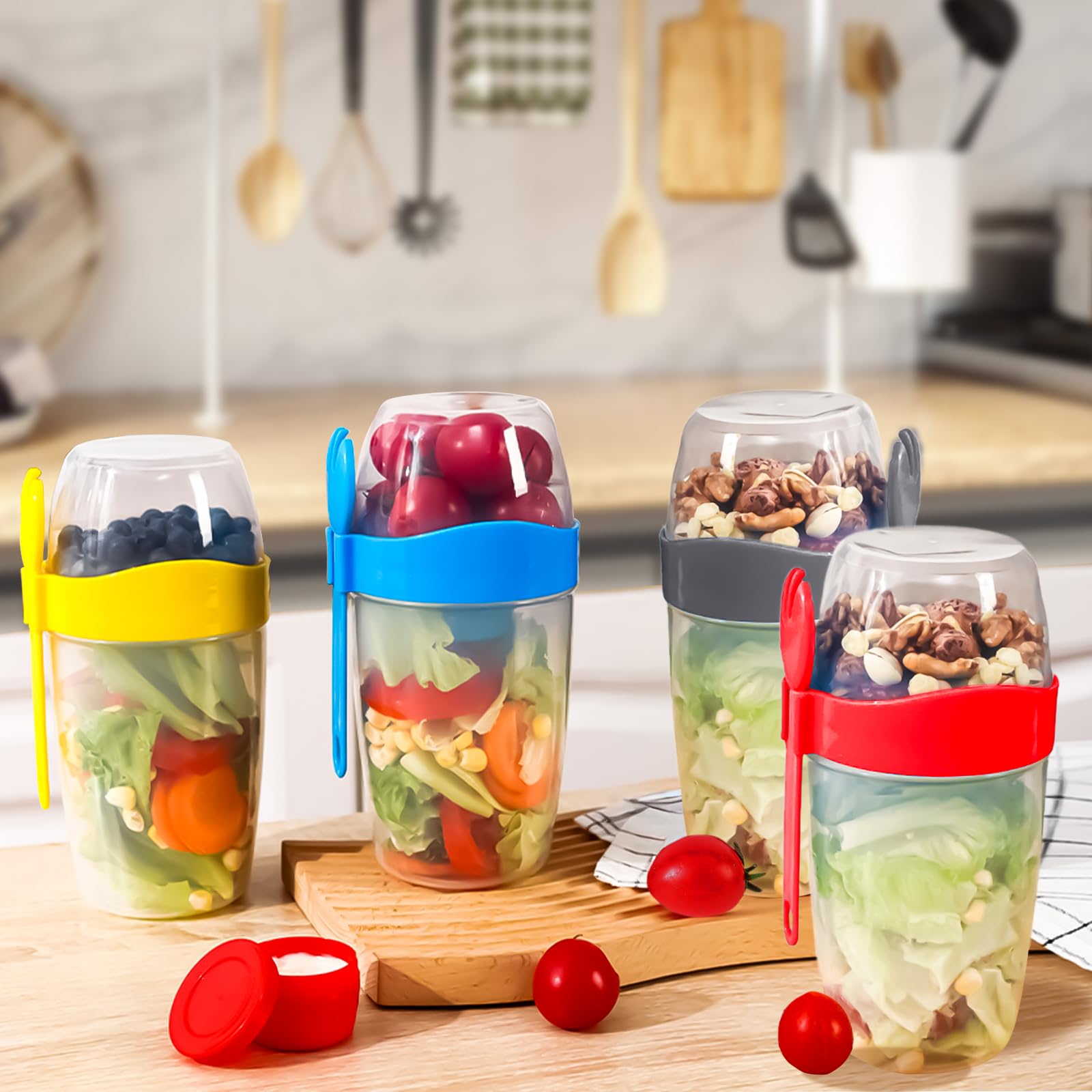 4 Pcs 1070ML Reusable Overnight Oats Container with Lid Spoon and Brush,Breakfast Pot Muesli Cup for Salads Fruit Cereal Milk Porridge