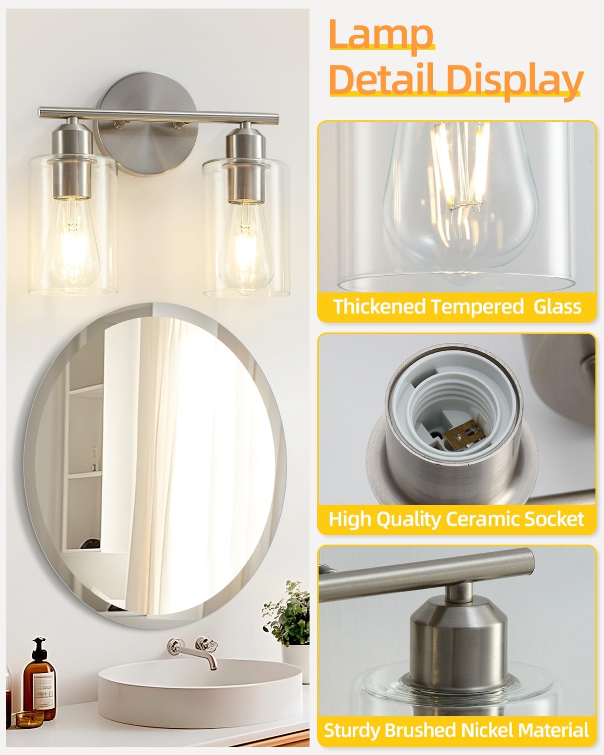 Brushed Nickel 2-Light Vanity Fixture with Clear Glass Shades