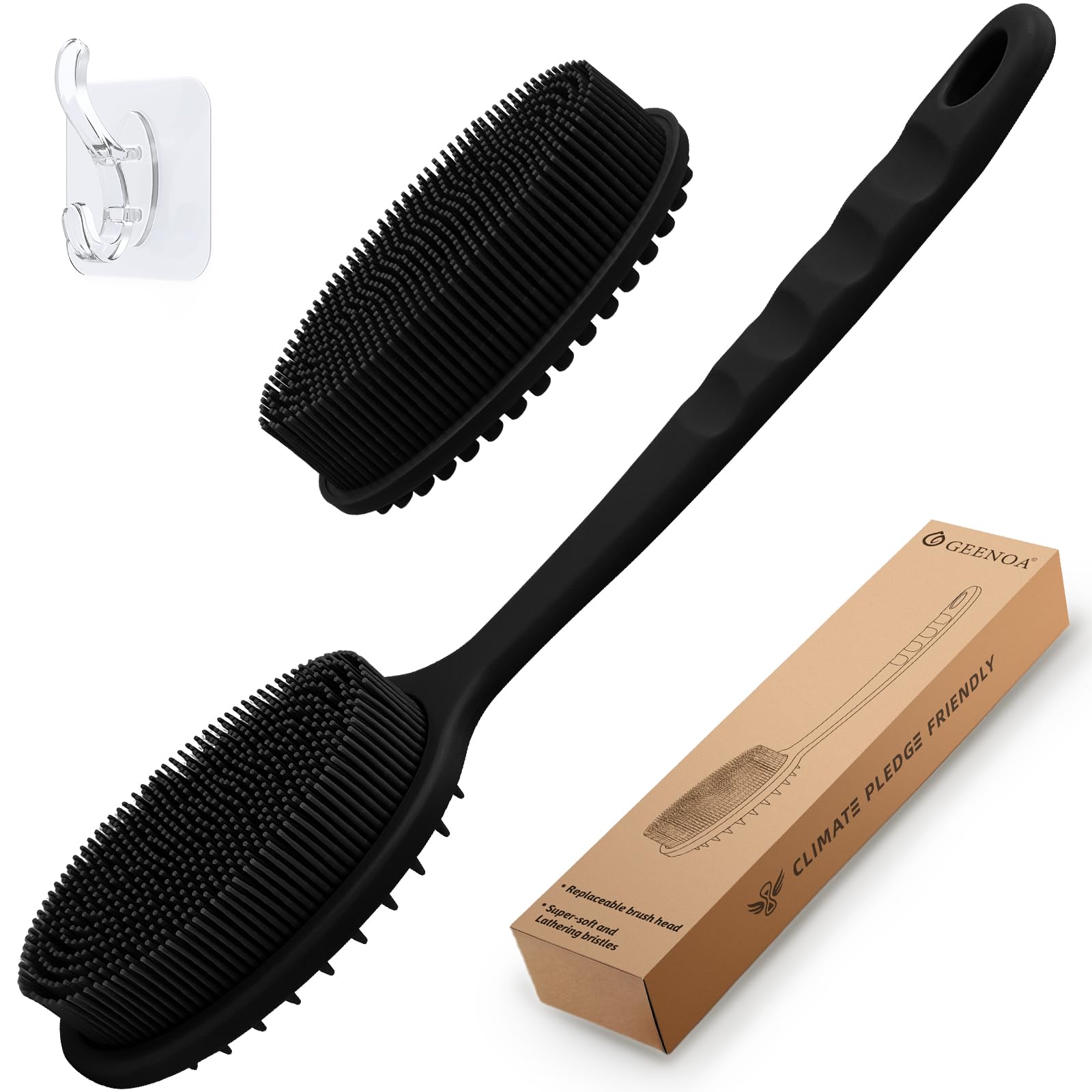 GEENOA Silicone Back & Body Scrubber Set, Soft Silicone Loofah with Handle, Gentle Exfoliating Back Scrubber, Back Brush Bath Brush with Two Dual-Side & Detachable Brush Heads(Black-Two Heads)