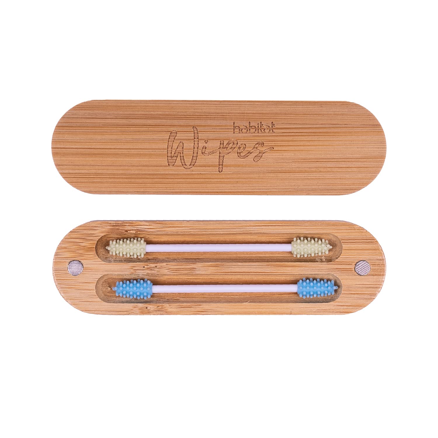 Habitat Wipes - Cotton Fioc Riutilizzabili per orecchie in Scatola di bambu - Materiale Ecologico in Silicone Reusable Biodegradabili Lavabili Eco-Friendly - Verde e Blu