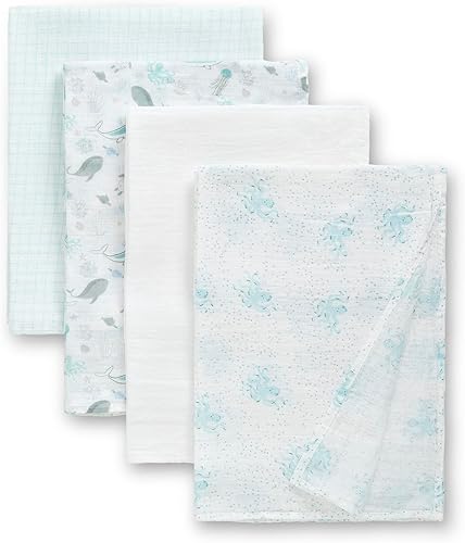 Delta Children Mantas de muselina 100% algodón para niñas y niños, 47 x 47 pulgadas (paquete de 4), vida marina