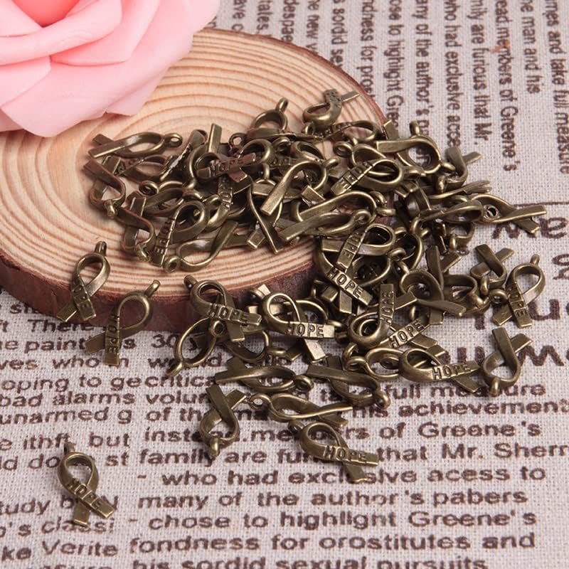 Wixine 200Pcs Hope Breast Cancer Ribbon Awareness Charms Hope Ribbon Pendants Antiqued Silver Tone 7 x 15 mm Making DIY Handmade Accessories Craft - Image 9