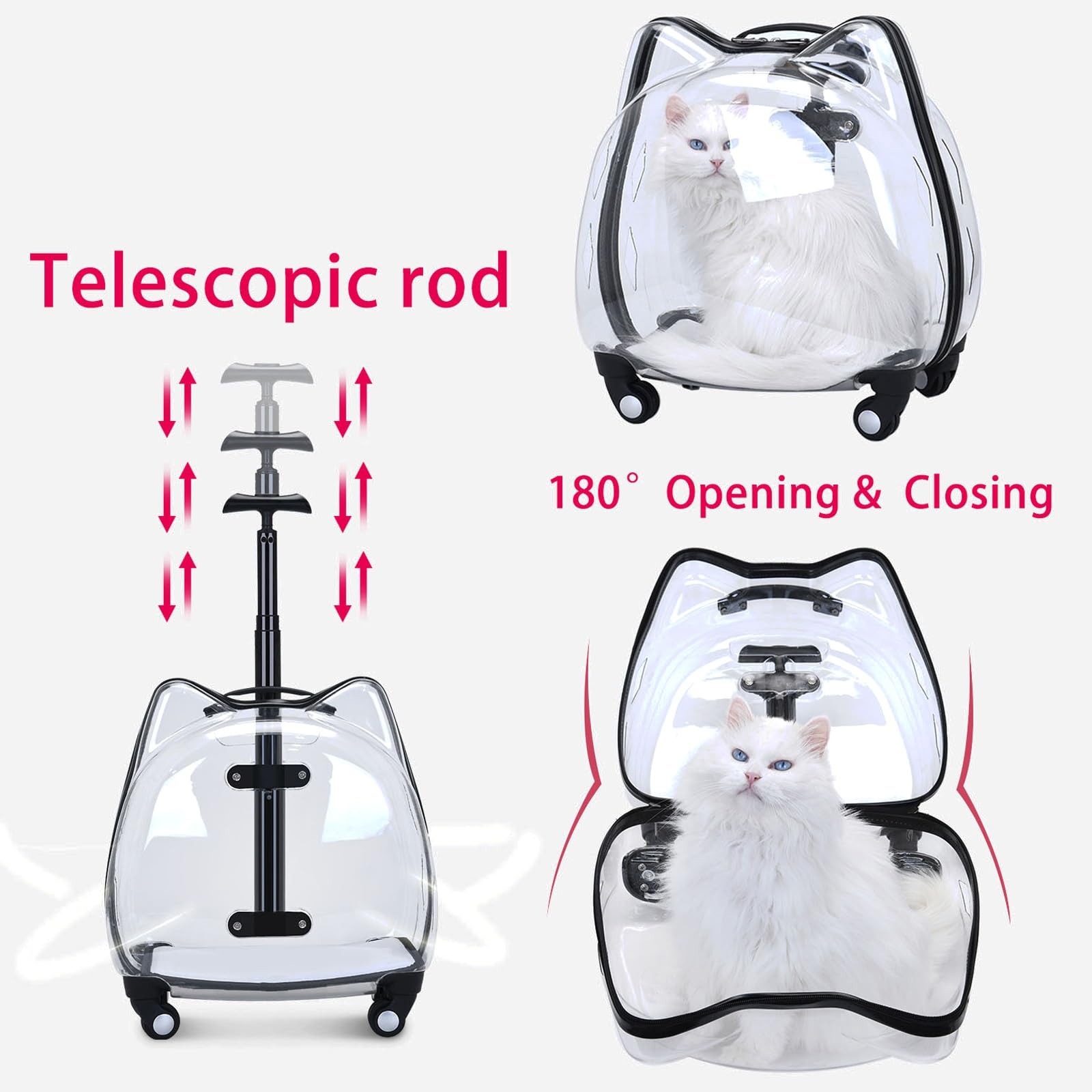 Maleta con Ruedas para Perros y Gatos Transportin Gato con Ruedas y Varilla Telescópica, Diseño Súper Ventilado, Ideal para Viajar, Caminar, Acampar(Rose)
