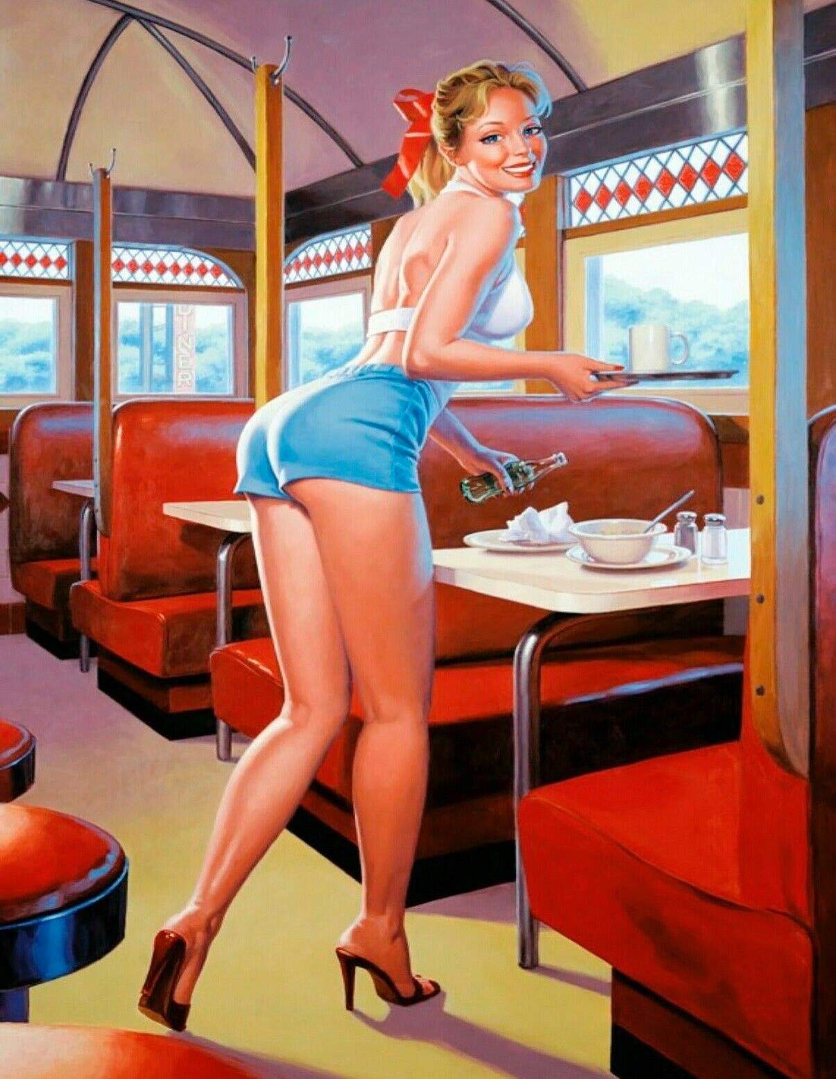 BigBazza Vintage Advertising Wall Tin Plaque 20x15cm - Pub Shed Bar Man Cave Home Bedroom Office Kitchen Gift Metal Sign - Sexy Retro Pinup Waitress Drive thru Diner USA America