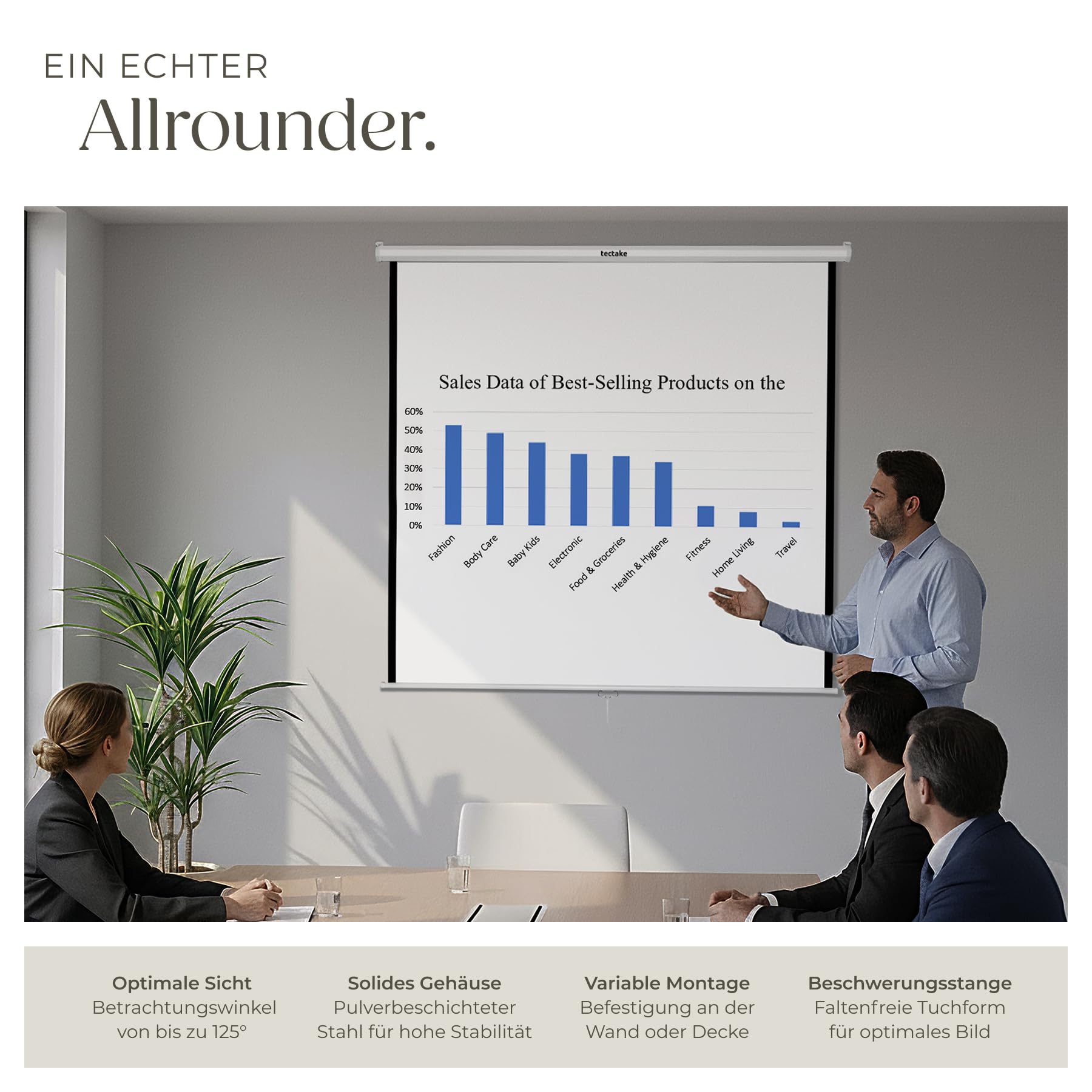 tectake® Beamer Leinwand, 152 x 152 cm (84"), 4:3-Format, ausziehbar, optimiert HDTV & 3D tauglich, Leinwand Rollo, Deckenmontage und Wandmontage, Projektionsleinwand, Gain Faktor 1,0