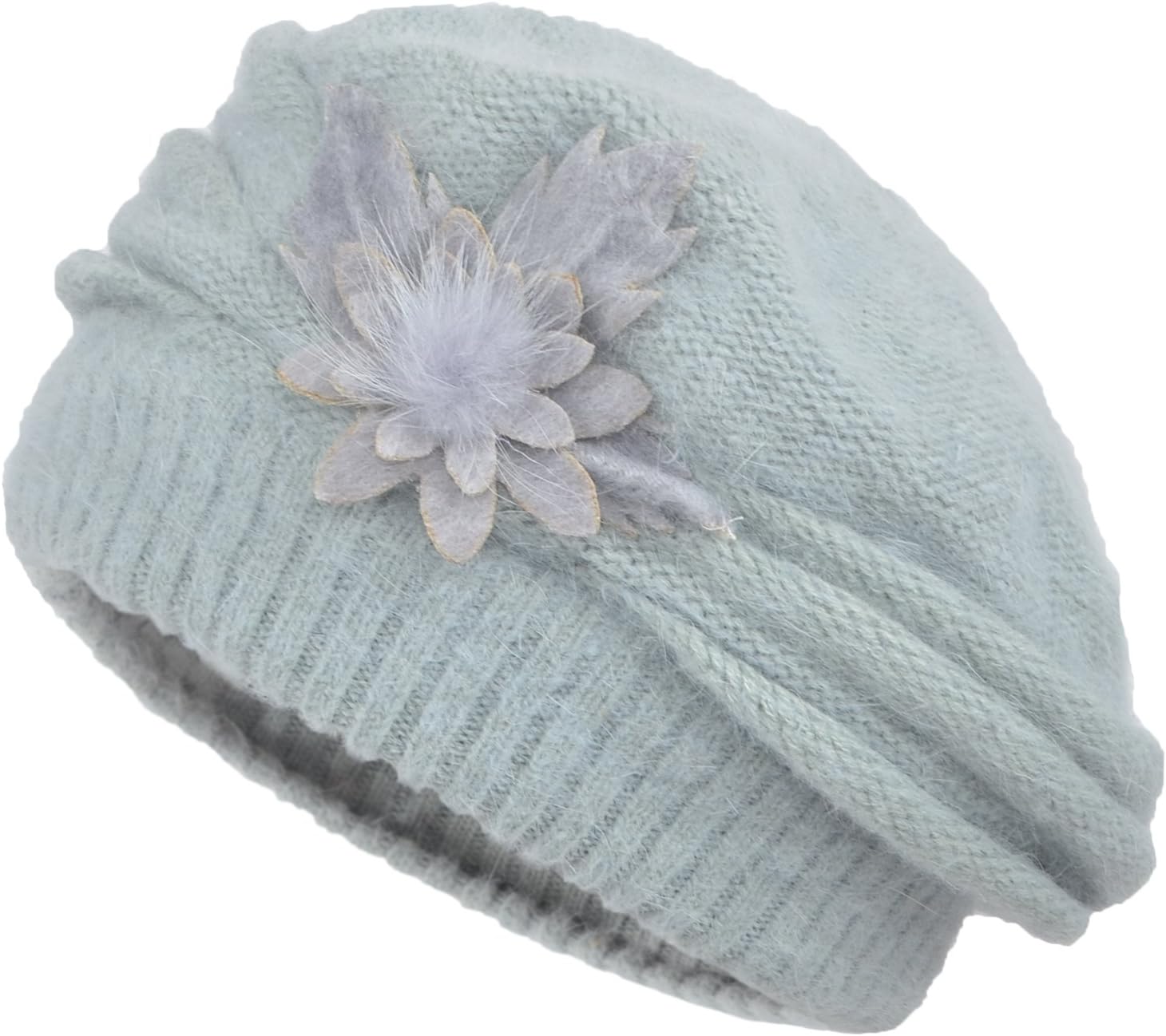 Women's Solid Knit Furry French Beret - Fall Winter Fleece Lined Paris Artist Cap Beanie Hat (Mint)