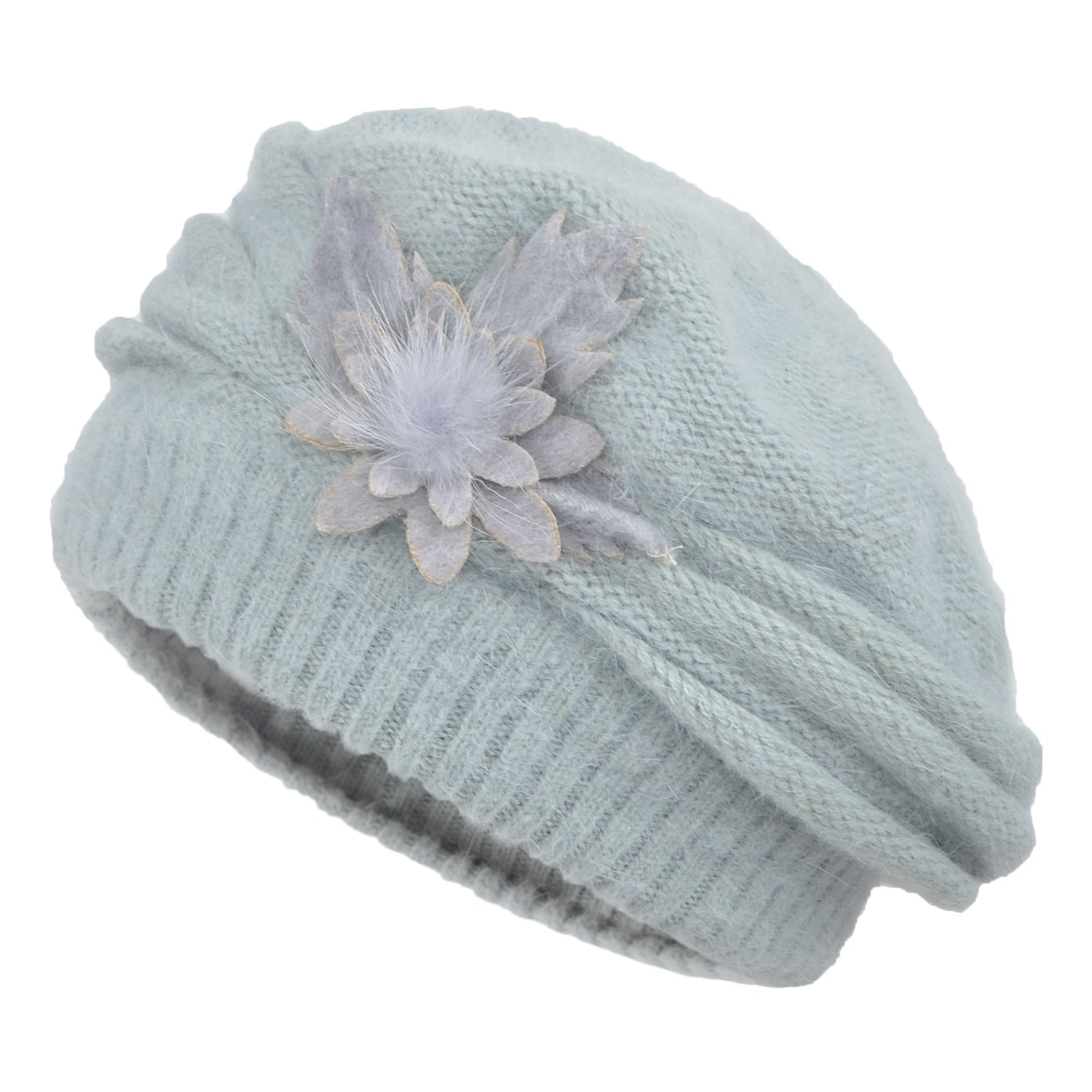 Women's Solid Knit Furry French Beret - Fall Winter Fleece Lined Paris Artist Cap Beanie Hat (Mint)