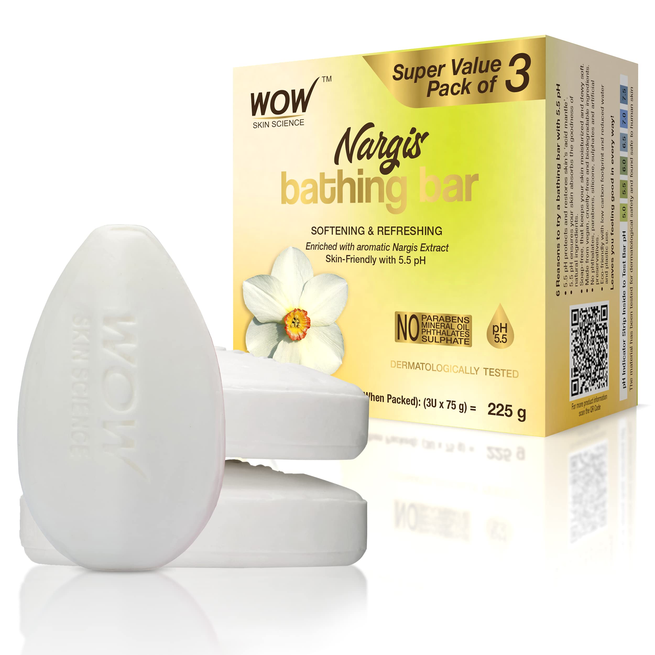 WOW Skin Science Nargis Bathing Bar - with Nargis Extract - Super Value Pack of 3 - Skin-Friendly with 5.5 pH - No Artifical Color, Parabens, Mineral Oil, Phthalates, Sulphate - 225g (75g X 3)