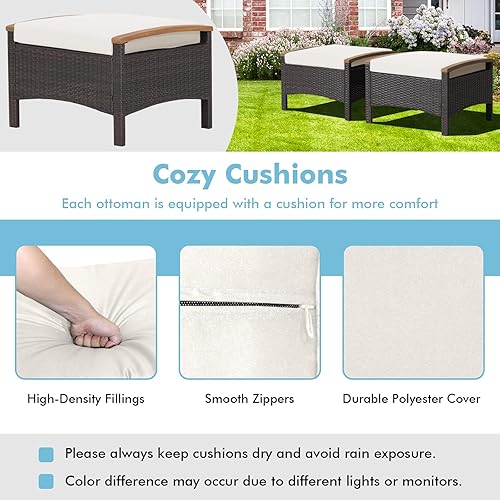 Miniatura 6 de Tangkula 2 piezas otomanas de ratán para patio reposapiés de mimbre para exteriores con asas de madera de acacia cojines suaves con cremallera