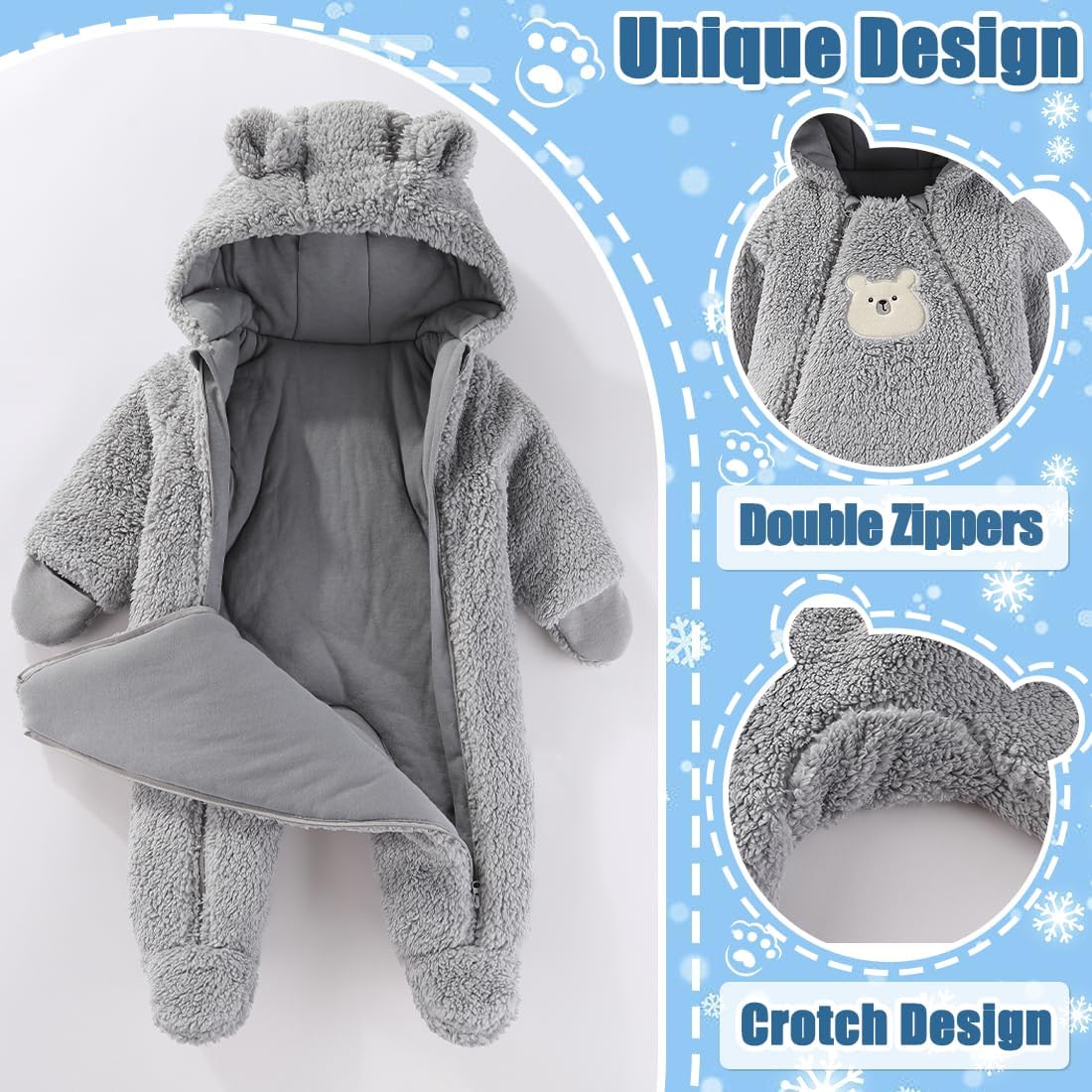 Fairy Baby Newborn Baby Winter Snowsuit Bear Thick Romper Footie Double Zip Hooded Jumpsuit Fleece Coat Infant Boy Girl 0-12M - Image 4