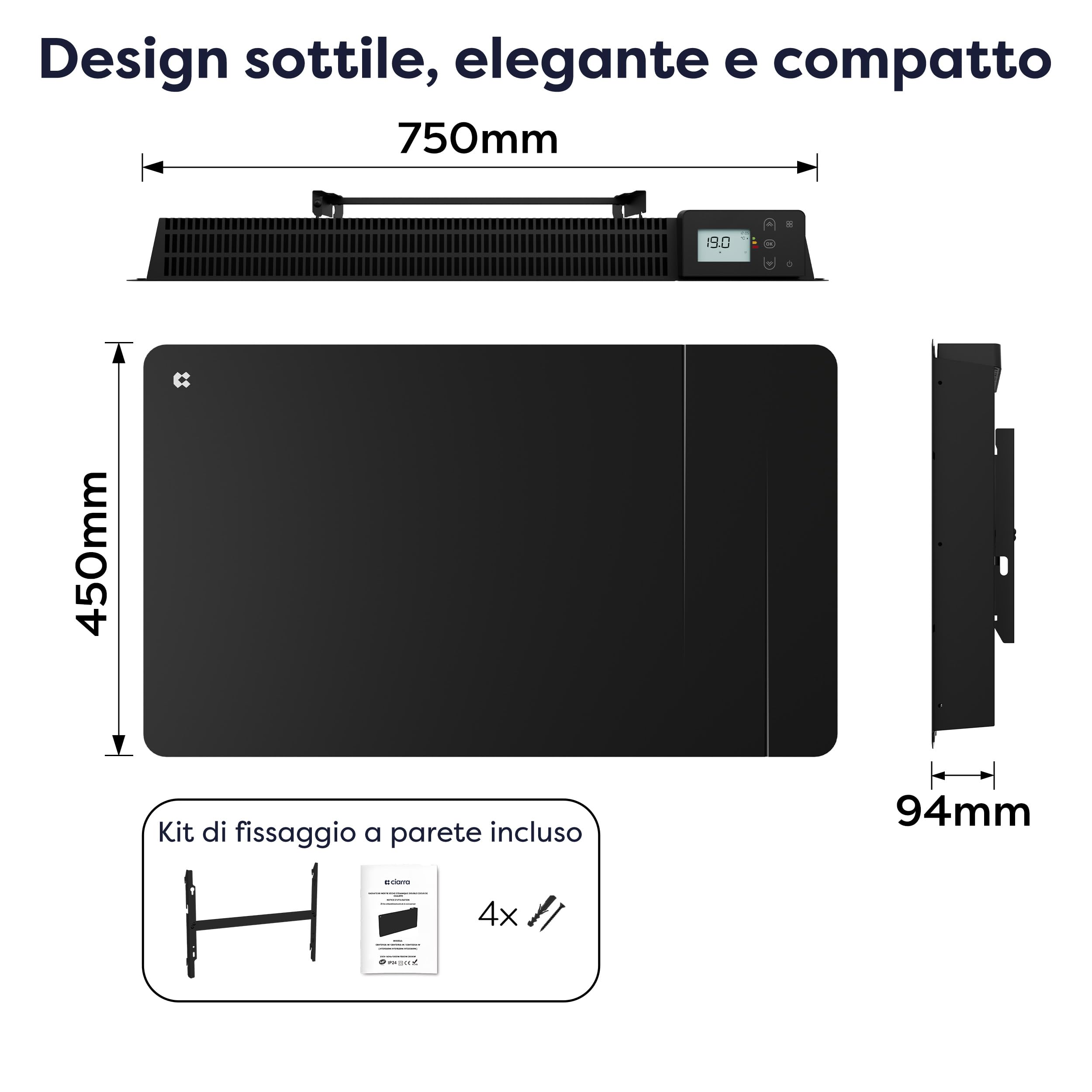 CIARRA Radiatore Ceramica e Pellicola Riscaldante 1500W - WiFi-Nero | Riscaldamento a Parete Intelligente PID per Soggiorno/Bagno (10-20㎡) - Calore omogeneo - Anti-gelo