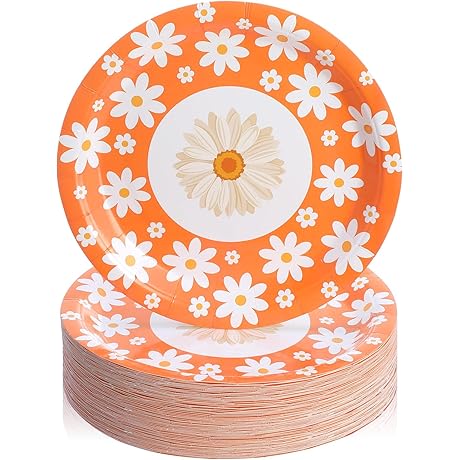 100 Pcs Daisy Plates, 7/10 Inch Disposable Paper Plates, Round Flower Plates...