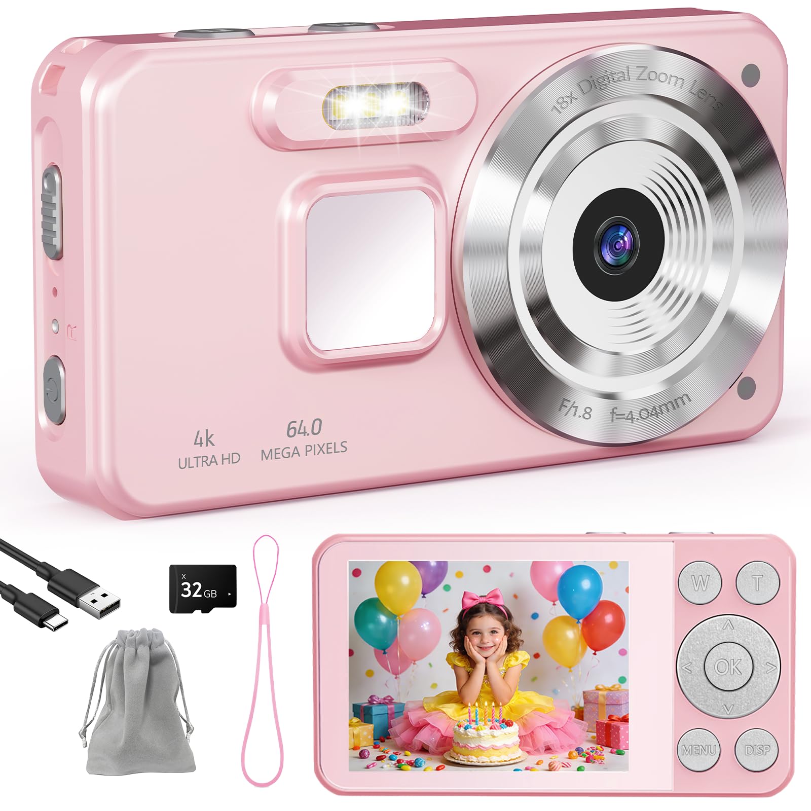 4K Digital Camera, 64MP Photo Camera, Portable Compact Camera with 2.8 Inch LCD Screen, 18X Digital Camera, 32GB Digital Zoom, SD Card, 1 Lanyard, for Kids