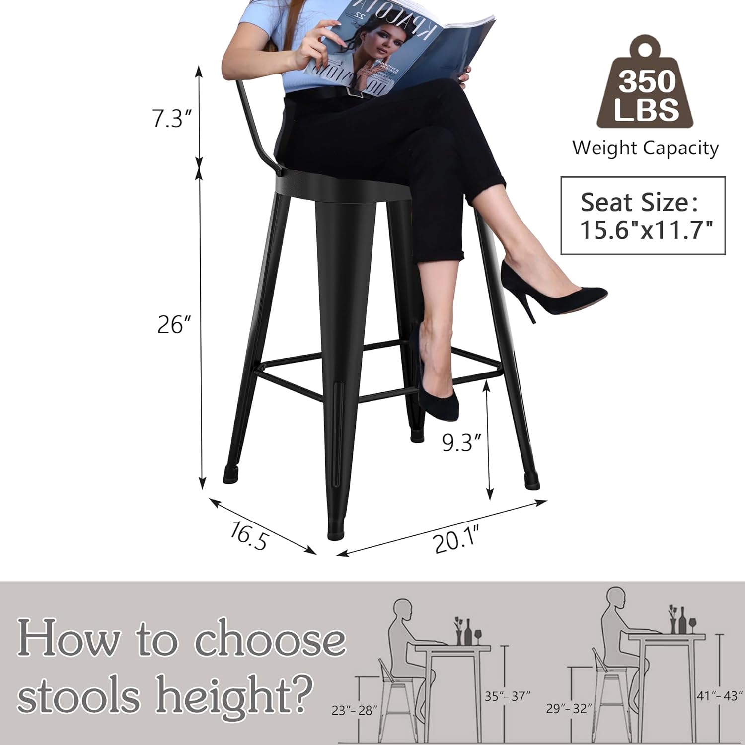 Alunaune 26inch Outdoor Metal Bar Stools Set of 4 Patio Stool Counter Height Barstools Large Seat Industrial Counter Stool Kitchen Bar Chairs Indoor-Low Back, Black